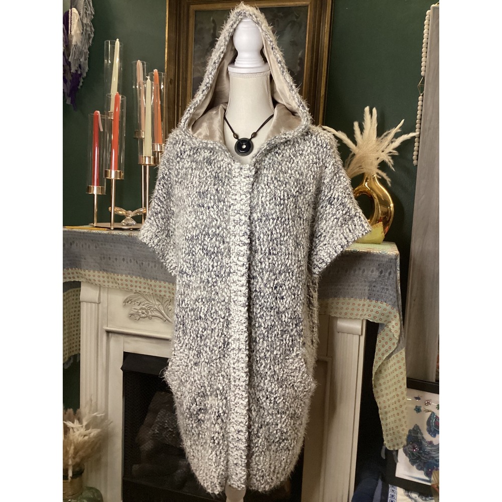 Eva's Tree Gray White Popcorn Knit Hooded Zip Front Vest Cardigan Large ETVCF15